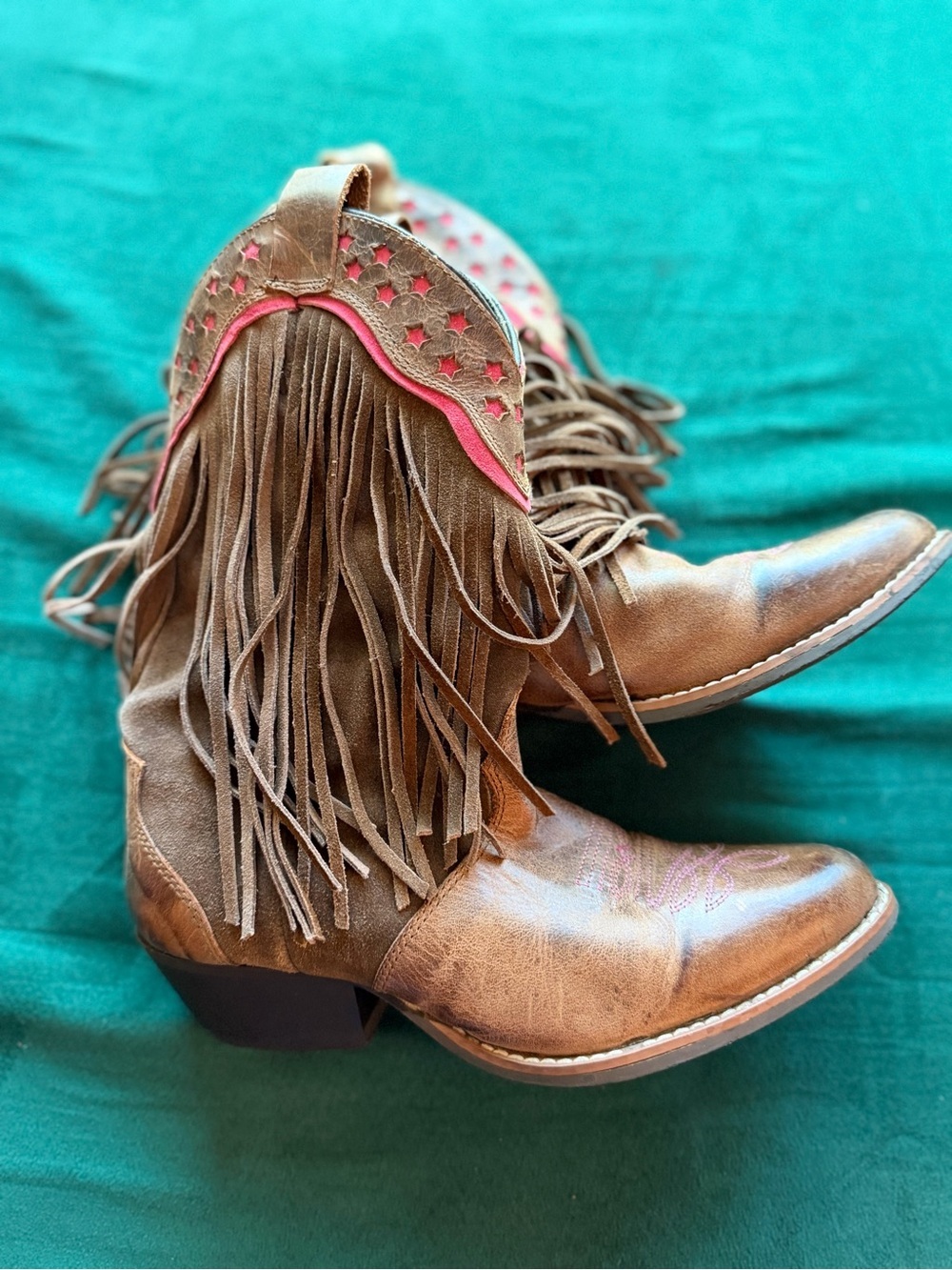 Fringe Western Ankle Boots in Brown with Pink Trim